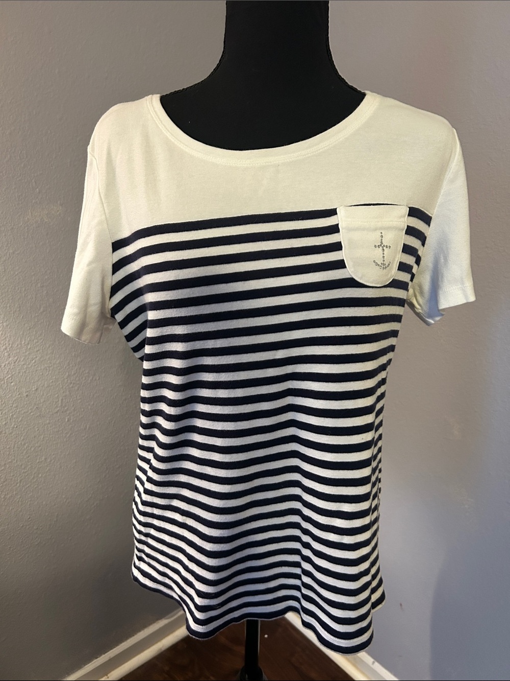 Karen Scott Women Navy White Striped Short Sleeve Top Size Large